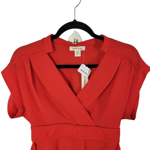 Monteau Womens Sz M Red Solid Cap Sleeve Peplum Blouse - Picture 3 of 12